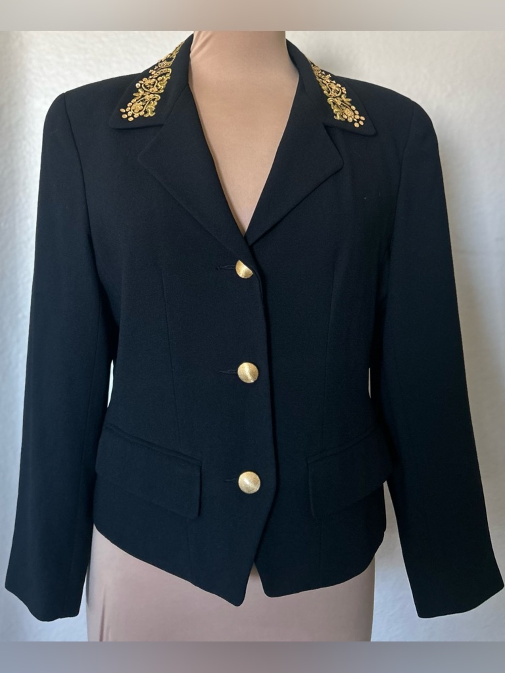 Liz Claiborne Black Blazer with Gold Embellished Collar